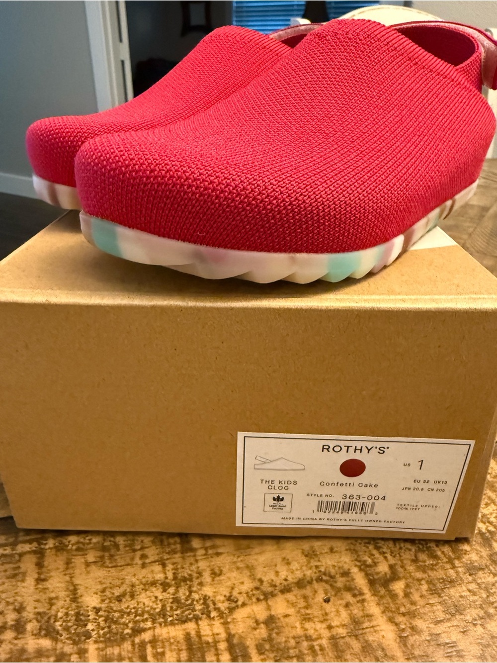 Rothy's Kids Red Knit Clog with Confetti Sole